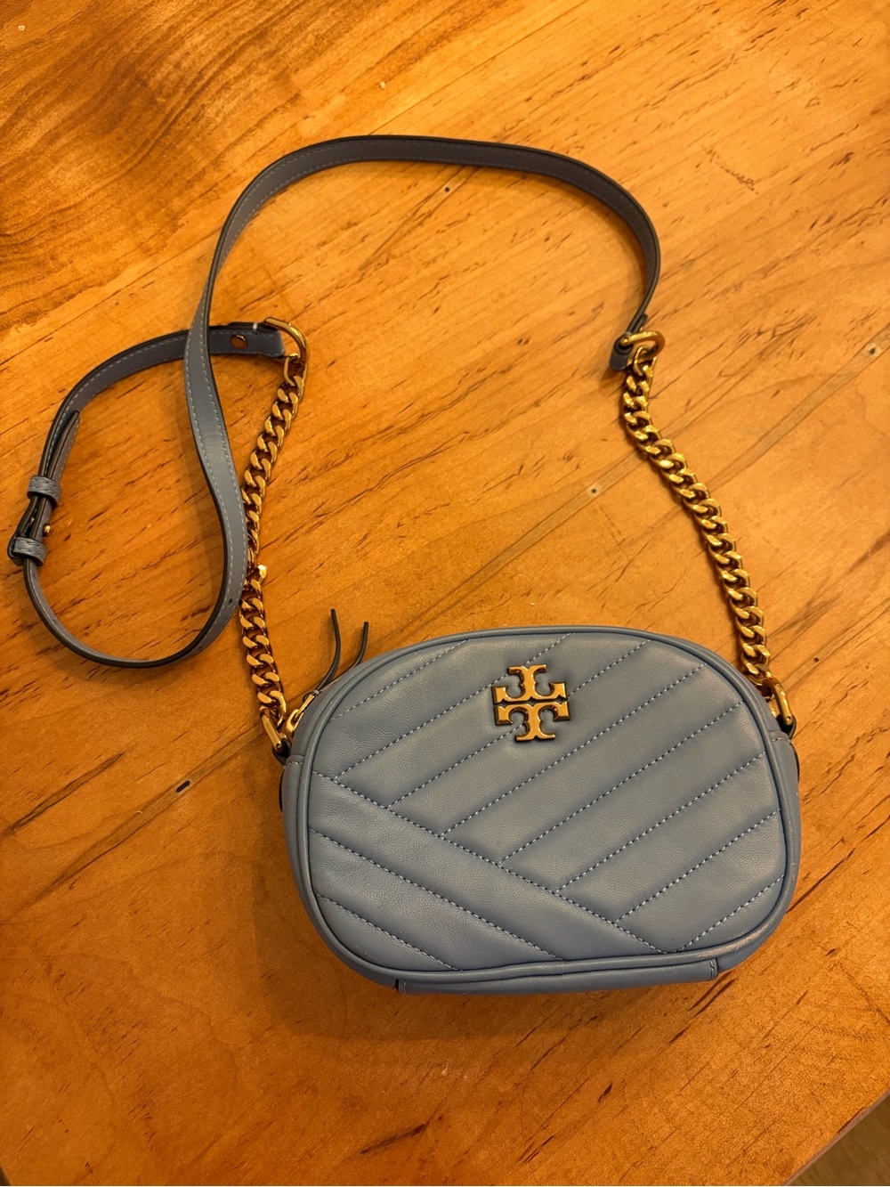 Tory Burch Light Blue Quilted Leather Crossbody with Gold Hardware
